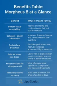 How Often Can I have Morpheus 8? 3 Table showing the benefits of Morpheus 8 treatment from Lipo Sculpt Ashby Parva